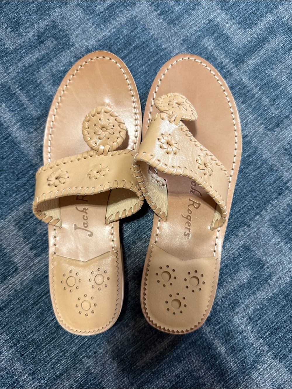 Jack Rogers Beige/Tan Leather Rory Sandals with Rosette